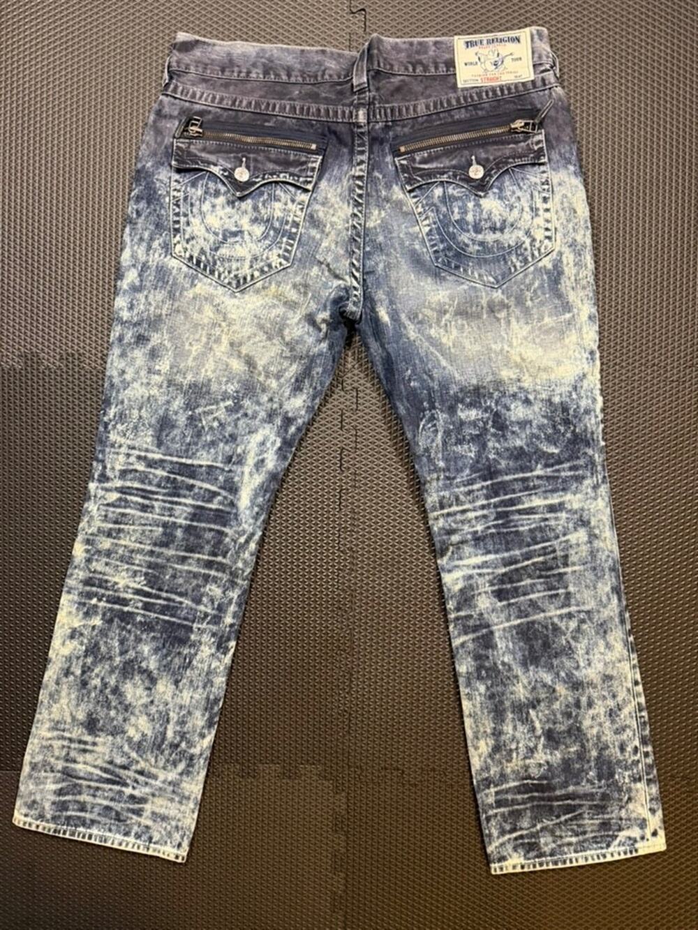 True Religion Jeans Mens 40 (42x33) Straight Moto Acid Wash Zip Flap Pockets